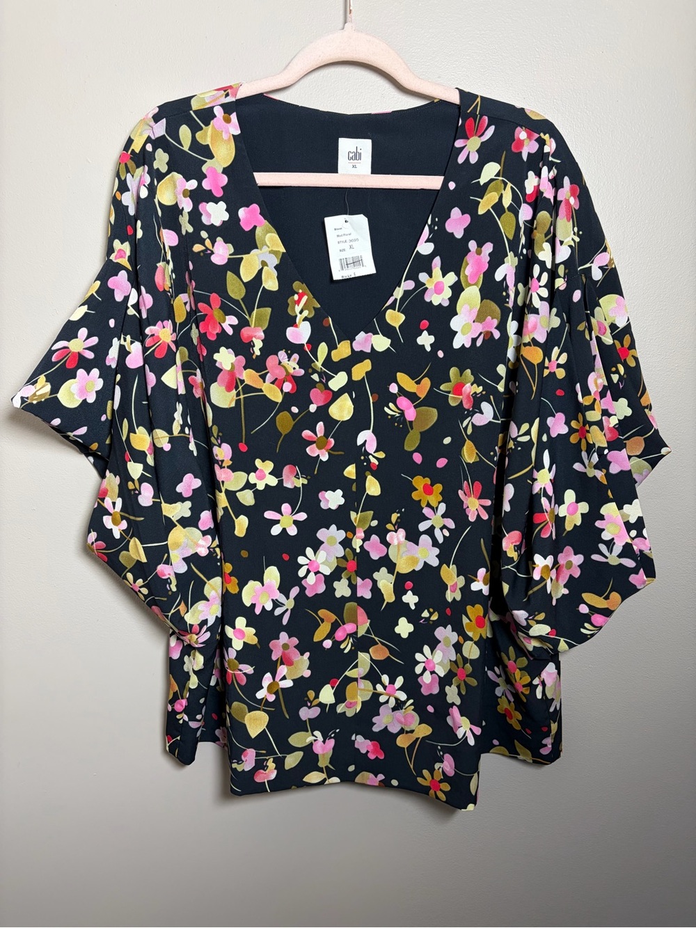 Cabi Black Floral V-Neck Flutter Sleeve Top